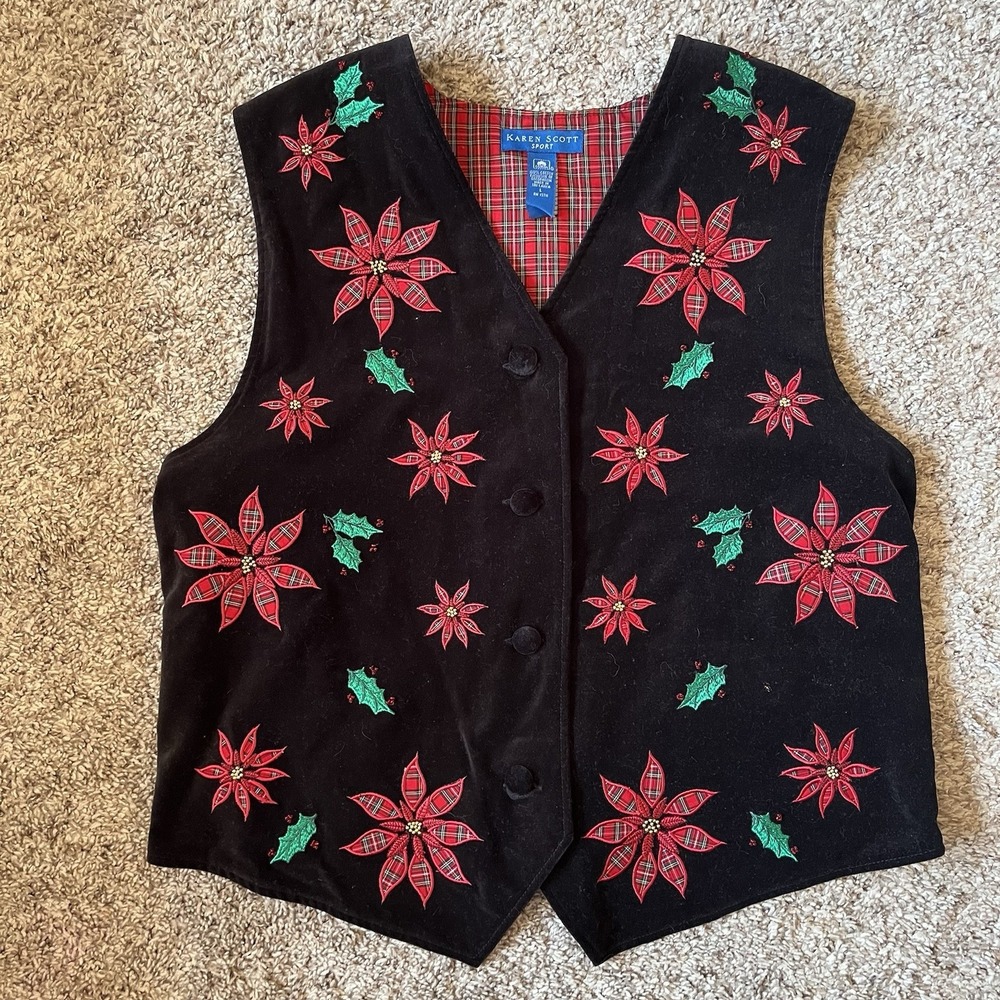 Karen Scott Holiday Vest Women's Large Black Poinsettias Christmas